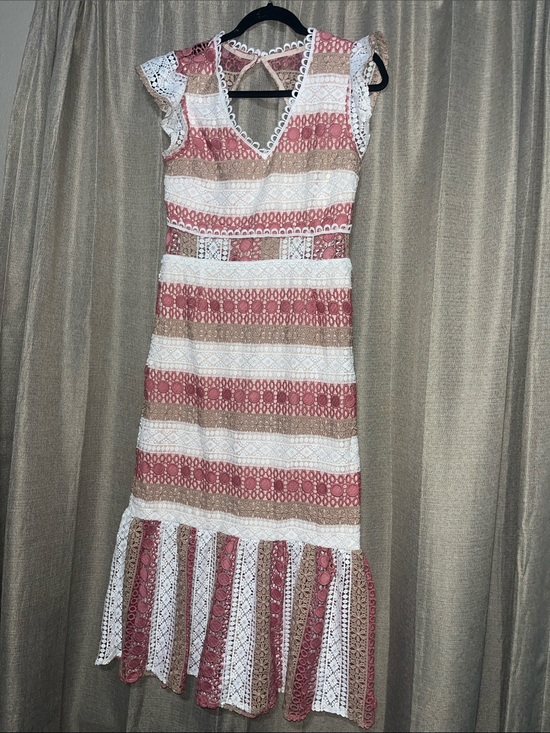 Just Me Dresses & Skirts - Just Me Pink, Cream & Tan Striped crochet Midi Dress